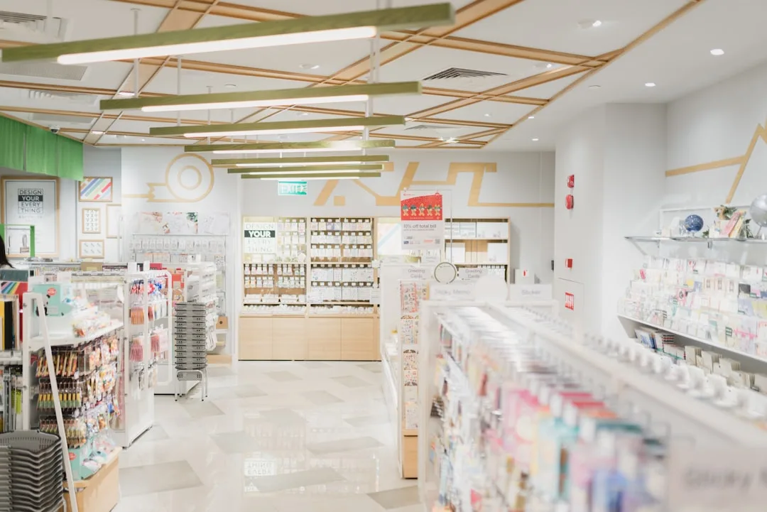Modern, bright pharmacy interior
