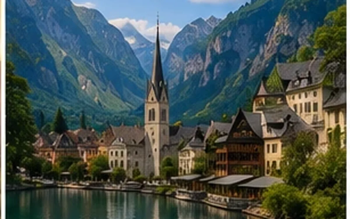 Austria – an alpine village beside a lake with mountains behind